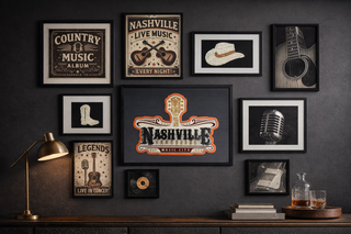 A curated gallery wall of Nashville and country music–inspired artwork, with framed guitars, microphones, cowboy boots, and vintage-style posters, centered around a bold “Nashville Tennessee” graphic.