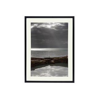 P-10-101-117-107-0032-1.jpg;ocean, tide, clouds, figure, person, rocks, stone, nature, sunbeam, cool tones, gray, brown, white