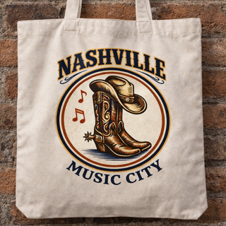 Nashville "Music City" Cowboy Hat and Boots Canvas Tote Bag